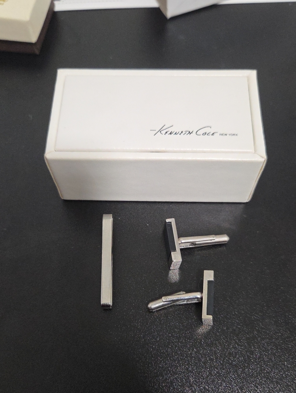 Kenneth Cole New York Silver and Black Rectangular Cufflinks with Tie Bar
